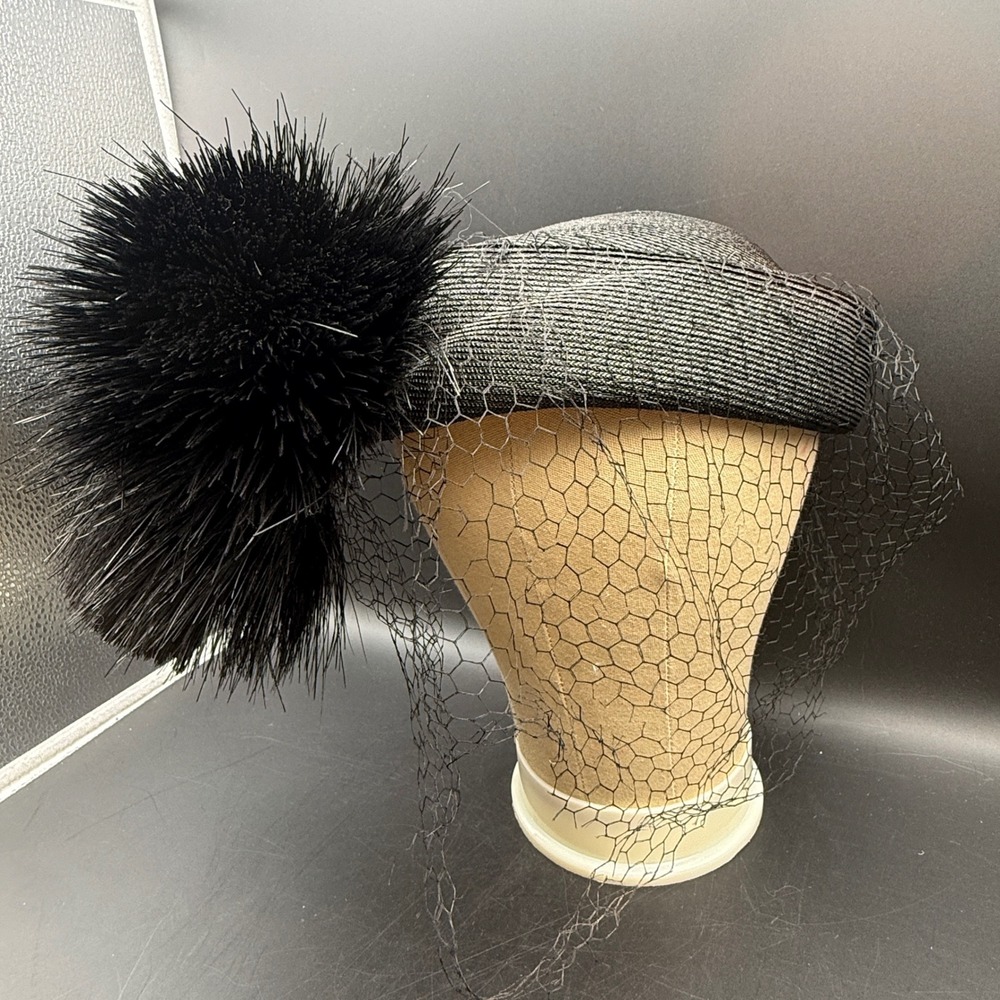 Vtg I. Magnin & Co Black Straw Pillbox Church Hat Women OS Veil Faux Fur Pom